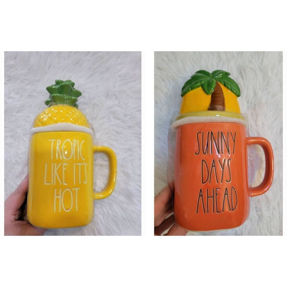 New Rae Dunn Ceramic Mug With Topper Bundle, Palm Tree and Pineapple NEW